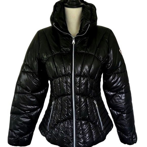 GUESS Black Puffer Jacket Hooded Quilted Lightweight Size SMALL - Picture 1 of 14